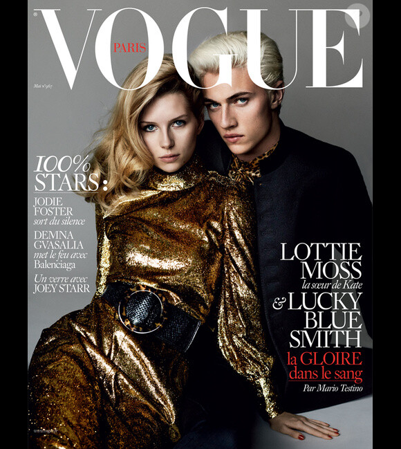 Lottie Moss et Lucky Blue Smith en couverture du nouveau numéro (mai 2016 de Vogue Paris). Photo par Mario Testino.