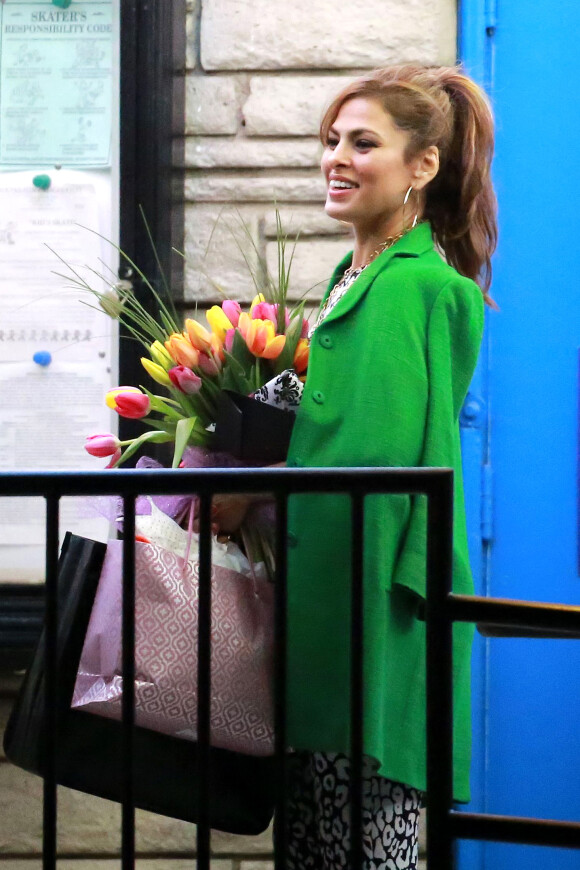 No Web No Apps Until March 24, 2015 - Exclusive - Eva Mendes can't wipe the smile off her face after partner Ryan Gosling throws her a party at "Moonlight Rollerway" for her 41st birthday in Glendale, Los Angeles, CA, USA on March 5, 2015. Looks like Ryan invited Eva's family, including her mom Eva and sister Janet, along with other close friends and family members. The no frills roller skating rink appeared to be a hit as the party patrons were all beaming with smiles after the party ended. Eva walked out with her hands full of flowers, gift bags with presents, including some stuff from Lululemon and a brand new yoga mat that was carried out by her nanny, who brought out Esmeralda in her car seat separately. Ryan and Eva also appeared to be gifted their own pair of new Roller Skates for some future date nights. Plenty of balloons, left over cake and food filled up two cars to take home and pick at in the coming days. Photo by GSI/ABACAPRESS.COM09/03/2015 - Los Angeles