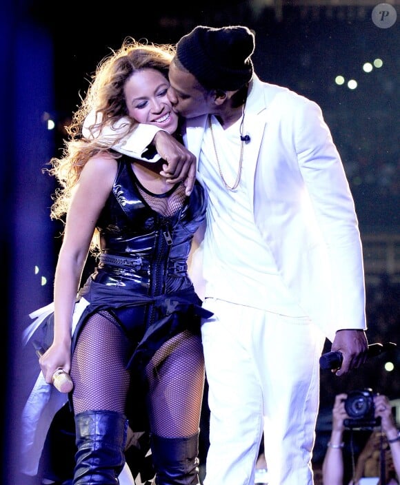 Beyoncé et Jay Z en concert pendant leur "On The Run Tour". East Rutherford, New Jersey, juillet 2014.