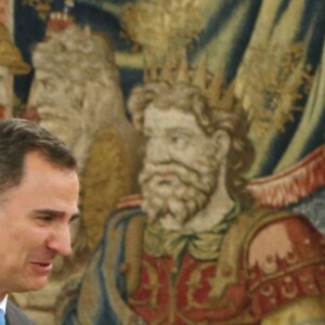 Le roi Felipe IV d'Espagne reçoit la politicienne du parti Podemos Alexandra Fernández Gómez au palais Zarzuela de Madrid le 25 avril 2016.