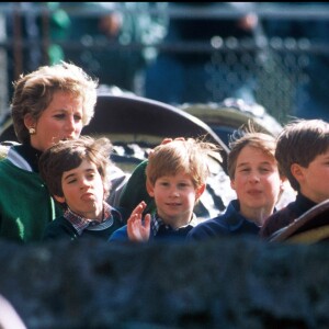 Les princes William et Harry avec leur mère Lady Diana dans un parc d'attractions en juillet 1994.