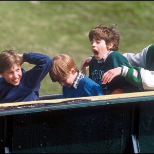 Les princes William et Harry avec leur mère Lady Diana dans un parc d'attractions en juillet 1994.