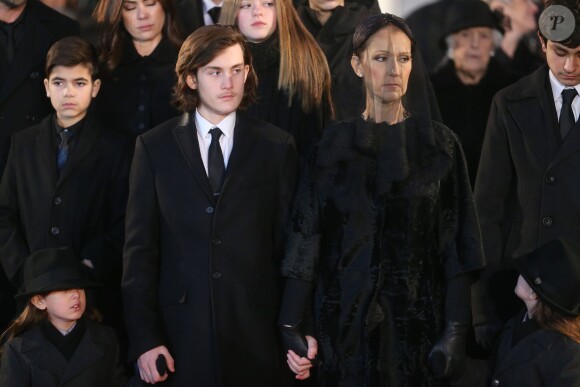 Céline Dion et son fils René-Charles Angélil - Sorties des obsèques nationales de René Angélil en la Basi­lique Notre-Dame de Montréal, le 22 janvier 2016