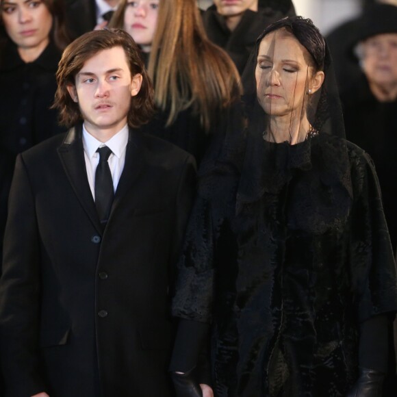 Céline Dion et son fils René-Charles Angélil - Sorties des obsèques nationales de René Angélil en la Basi­lique Notre-Dame de Montréal, le 22 janvier 2016