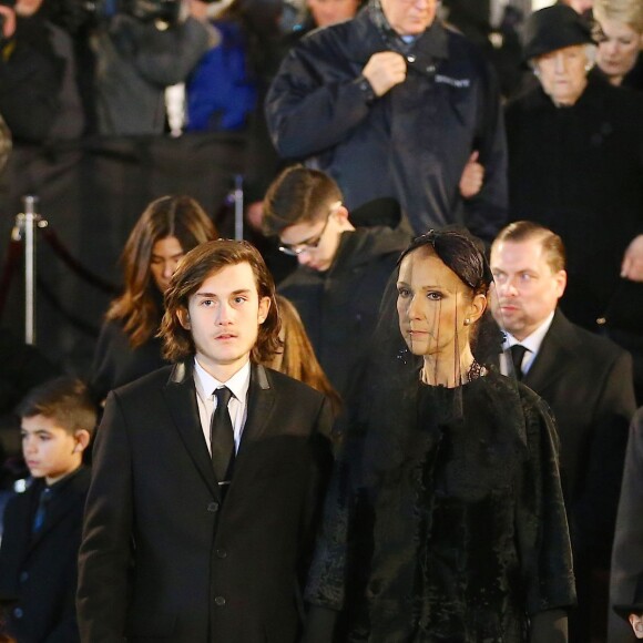 Céline Dion, ses enfants René-Charles Angélil, les jumeaux Nelson Angélil et Eddy Angélil - Sorties des obsèques nationales de René Angélil en la Basi­lique Notre-Dame de Montréal, le 22 janvier 2016
