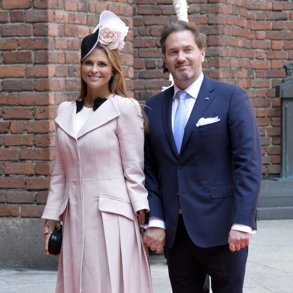 La princesse Madeleine de Suède et son mari Christopher O'Neill arrivant au déjeuner donné en l'honneur du 70e anniversaire du roi Carl XVI Gustaf de Suède à la mairie de Stockholm, le 30 avril 2016.