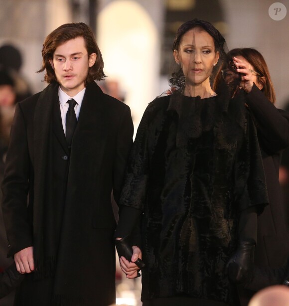 Céline Dion et son fils René-Charles Angélil - Sorties des obsèques nationales de René Angélil en la Basi­lique Notre-Dame de Montréal, le 22 janvier 2016