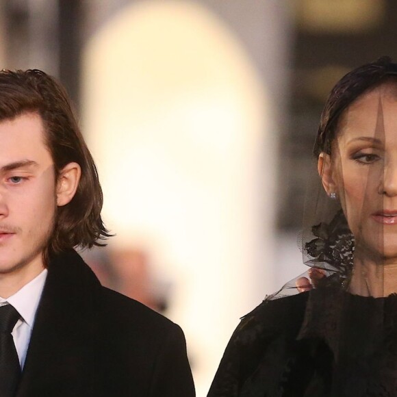 Céline Dion et son fils René-Charles Angélil - Sorties des obsèques nationales de René Angélil en la Basi­lique Notre-Dame de Montréal, le 22 janvier 2016