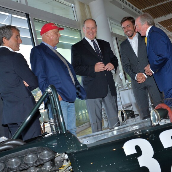 Alain Prost, Niki Lauda, le prince Albert II de Monaco, Fernando Alonso et Jackie Stewart - Le prince Albert II de Monaco au yacht club de Monaco pour fêter le 50ème anniversaire de la 1ère victoire de Jackie Stewart à Monaco, le 27 mai 2016. © Michael Alesi/Bestimage