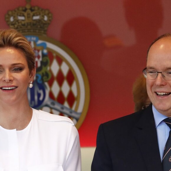 La princesse Charlene et le prince Albert II de Monaco ont célébré le succès de Lewis Hamilton au 74e Grand Prix de F1 de Monaco, remporté par le Britannique devant D. Ricciardo et S. Perez, le 29 mai 2016. © Bruno Bebert/Bestimage