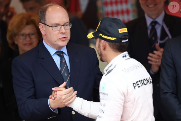 La princesse Charlene et le prince Albert II de Monaco ont célébré le succès de Lewis Hamilton au 74e Grand Prix de F1 de Monaco, remporté par le Britannique devant D. Ricciardo et S. Perez, le 29 mai 2016. © Bruno Bebert/Bestimage