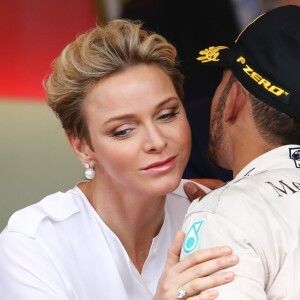 La princesse Charlene et le prince Albert II de Monaco ont célébré le succès de Lewis Hamilton au 74e Grand Prix de F1 de Monaco, remporté par le Britannique devant D. Ricciardo et S. Perez, le 29 mai 2016. © Bruno Bebert/Bestimage