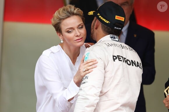 La princesse Charlene et le prince Albert II de Monaco ont célébré le succès de Lewis Hamilton au 74e Grand Prix de F1 de Monaco, remporté par le Britannique devant D. Ricciardo et S. Perez, le 29 mai 2016. © Bruno Bebert/Bestimage