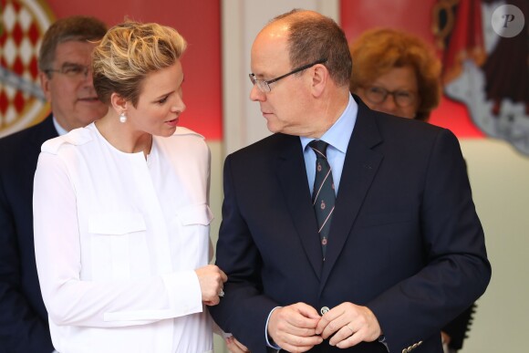 La princesse Charlene et le prince Albert II de Monaco ont célébré le succès de Lewis Hamilton au 74e Grand Prix de F1 de Monaco, remporté par le Britannique devant D. Ricciardo et S. Perez, le 29 mai 2016. © Bruno Bebert/Bestimage