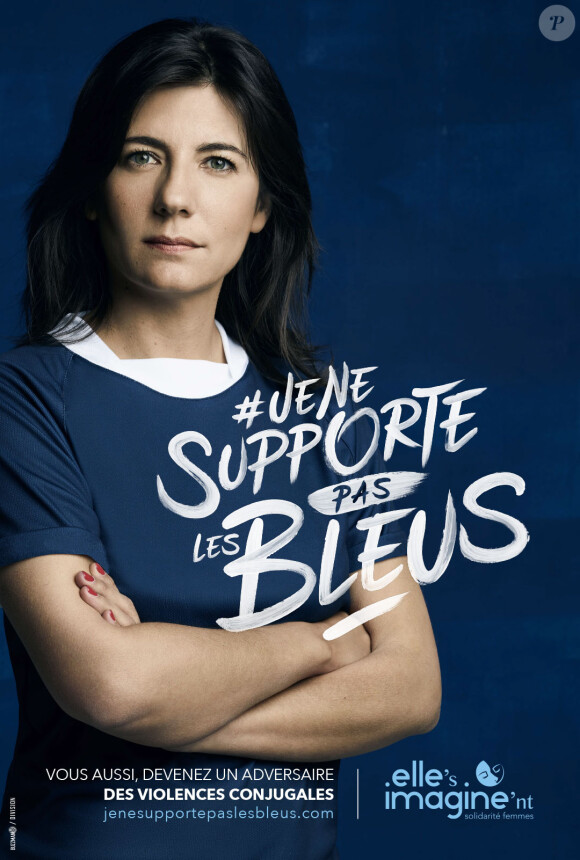 Estelle Denis participe à la campagne "Je ne supporte les bleus" de l'association Elle's Imagine'nt contre les violences conjugales, mai 2016.