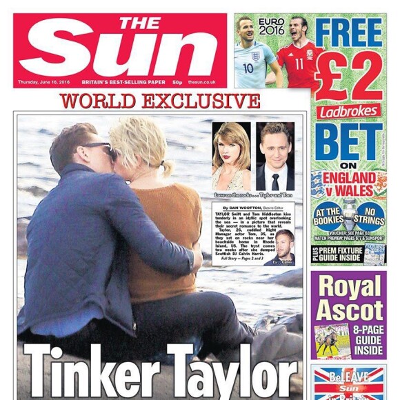 La romance de Taylor Swift et Tom Hiddleston étalée au grand jour en Une de "The Sun".