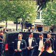 Grégoire Lyonnet, Christophe Licatat et Yann-Alrick lors du mariage de Grégoire et Alizée, le 18 juin 2016, en Corse