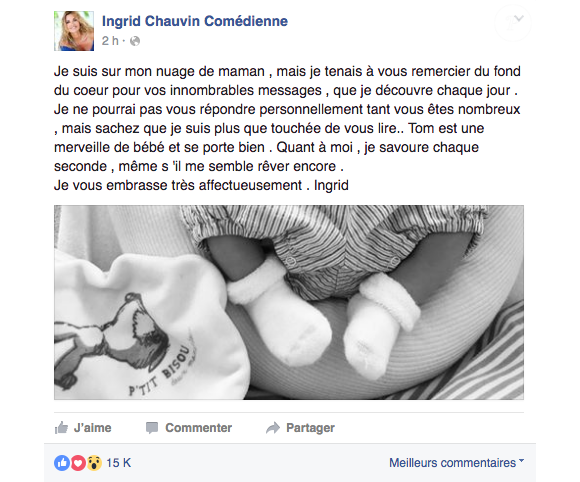 Ingrid Chauvin dévoile une photo de son fils Tom et a écrit un message pour ses fans. Le 24 juin 2016.