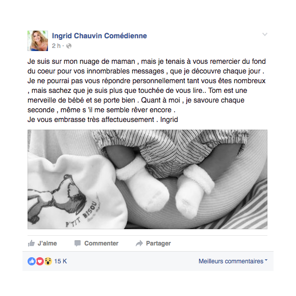 Ingrid Chauvin dévoile une photo de son fils Tom et a écrit un message pour ses fans. Le 24 juin 2016.
