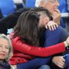 Olivier Giroud et sa compagne Jennifer - Les joueurs retrouvent leur famille dans les tribunes à la fin du match de quart de finale de l'UEFA Euro 2016 France-Islande au Stade de France à Saint-Denis le 3 juillet 2016. © Cyril Moreau / Bestimage