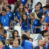 Ludivine Sagna (Femme de Bacary Sagna) son fils Kais, Sandra Evra (Femme de Patrice Evra), sa fille, Maona et son fils, Lenny lors du match de l'Euro 2016 Allemagne-France au stade Vélodrome à Marseille, France, le 7 juillet 2016.