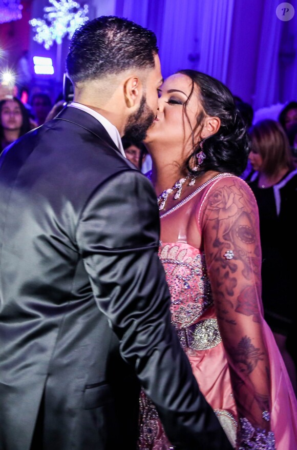 Exclusif - Fiançailles de Sarah Fraisou ("Les Anges 8") avec Malik, la cérémonie s'est déroulée dans une salle des fêtes de la région parisienne en présence de leurs familles le 8 juillet 2016.