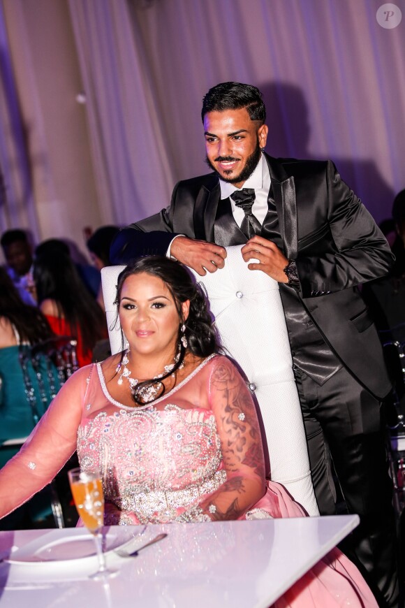 Exclusif - Fiançailles de Sarah Fraisou ("Les Anges 8") avec Malik, la cérémonie s'est déroulée dans une salle des fêtes de la région parisienne en présence de leurs familles le 8 juillet 2016.