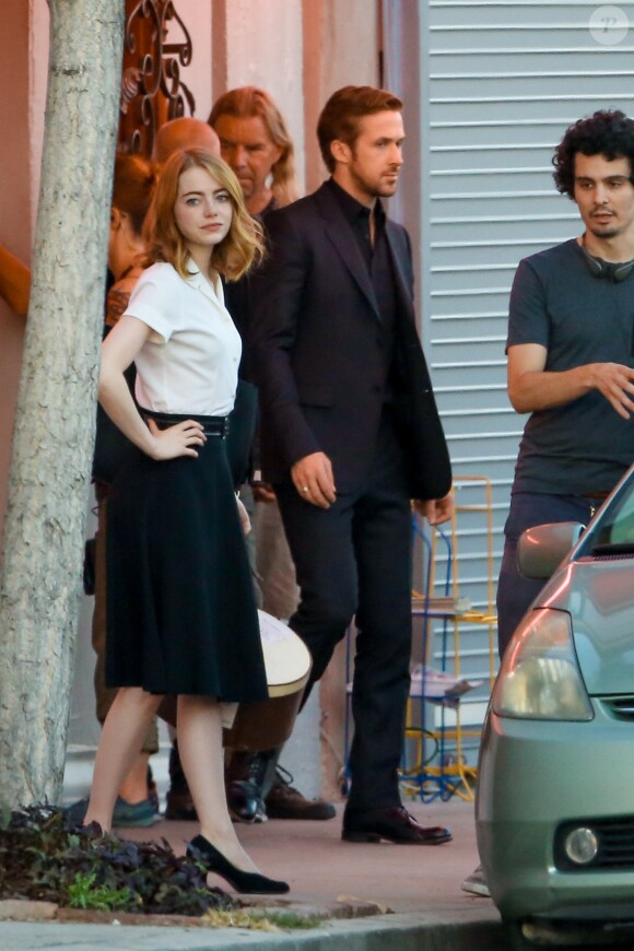 Emma Stone et Ryan Gosling sur le tournage de La La Land à Los Angeles, le 28 août 2015.