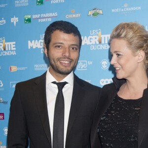 Virginie Efira enceinte (pochette de caroline de Marchi) et son compagnon Mabrouk El Mechri à Bruxelles en Belgique le 2 février 2013.