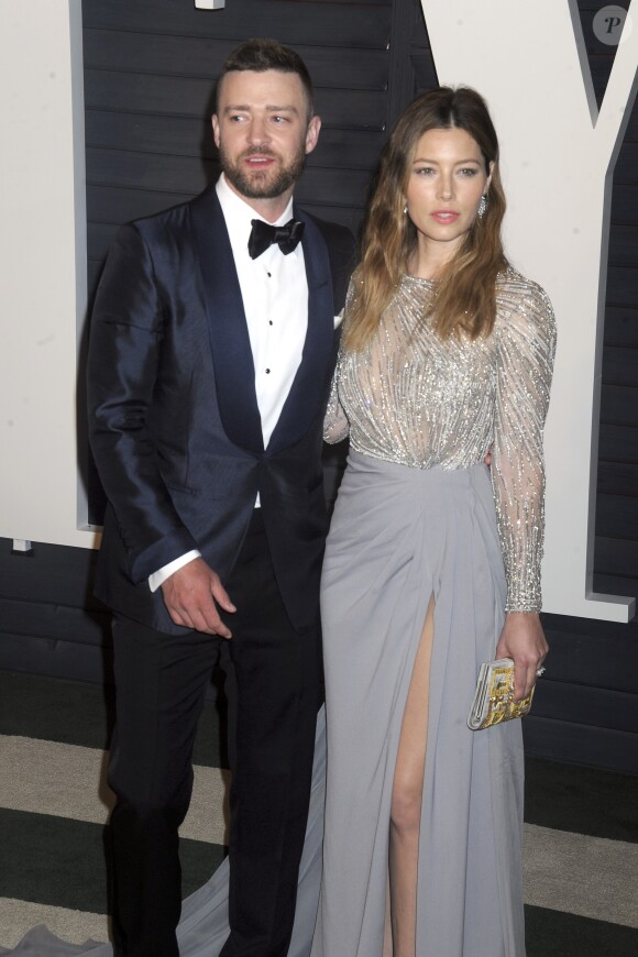 Justin Timberlake et sa femme Jessica Biel à la soirée "Vanity Fair Oscar Party" après la 88ème cérémonie des Oscars à Hollywood, le 28 février 2016