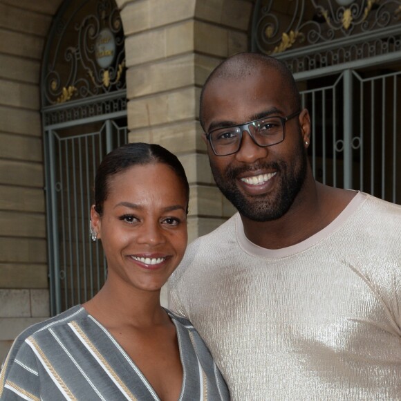 Teddy Riner et sa compagne Luthna à l'inauguration de la boutique Audemars Piguet, 15 rue Royale, le 26 mai 2016 à Paris