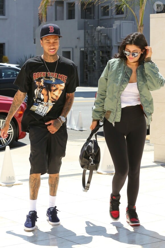 The youngest of the Kardashian-Jenner sisters Kylie Jenner arrives at Milk Studios with her rapper boyfriend Tyga. Jenner, who recently signed a million dollar deal with Puma, was wearing a pair of Nike Air Jordans, that completed her casual ensemble, Los Angeles, CA, USA on July 19, 2016. Photo by GSI/ABACAPRESS.COM20/07/2016 - Los Angeles
