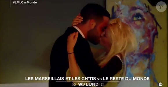 Jessica et Nikola s'embrassent dans le pré-générique des "Marseillais et les Ch'tis VS Le reste du monde", août 2016