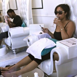 Exclusive - R&B and Love and Hip Hop reality stars Ray J and girlfriend Princess Love enjoy an afternoon together at a nail spa in Beverly Hills, Los Angeles, CA, USA on March 28, 2015. The two pampered themselves with a tandem mani and pedi while indulging themselves with a bit of champagne. It was reported that the reality tv stars quit the show as they feel that they have been showcased negatively. The two have recently renegotiated with the producers so that they will be reflected in a more positive light. Photo by GSI/ABACAPRESS.COM29/03/2015 - Los Angeles