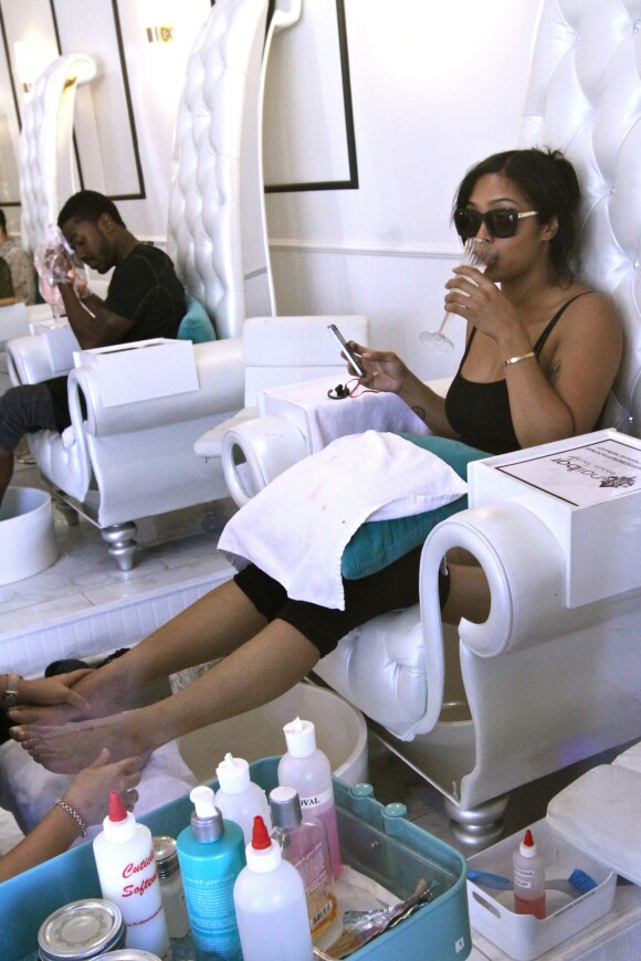 Exclusive - R&B and Love and Hip Hop reality stars Ray J and girlfriend Princess Love enjoy an afternoon together at a nail spa in Beverly Hills, Los Angeles, CA, USA on March 28, 2015. The two pampered themselves with a tandem mani and pedi while indulging themselves with a bit of champagne. It was reported that the reality tv stars quit the show as they feel that they have been showcased negatively. The two have recently renegotiated with the producers so that they will be reflected in a more positive light. Photo by GSI/ABACAPRESS.COM29/03/2015 - Los Angeles