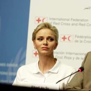 La princesse Charlene de Monaco, ambassadrice de bonne volonté de l'ONU, est intervenue le 9 septembre 2016 à Genève dans le cadre de la Journée mondiale des premiers secours organisée par la Fédération internationale des Sociétés de la Croix-Rouge et du Croissant-Rouge. © Dominique Jacovides / Bestimage