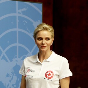 La princesse Charlene de Monaco, ambassadrice de bonne volonté de l'ONU, est intervenue le 9 septembre 2016 à Genève dans le cadre de la Journée mondiale des premiers secours organisée par la Fédération internationale des Sociétés de la Croix-Rouge et du Croissant-Rouge. © Dominique Jacovides / Bestimage