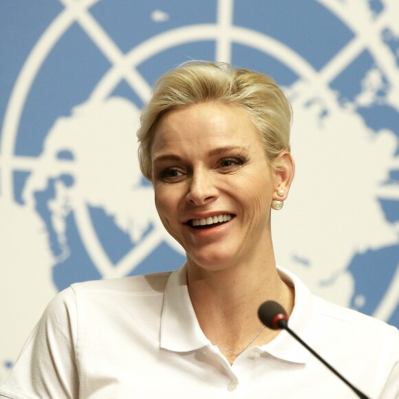 La princesse Charlene de Monaco, ambassadrice de bonne volonté de l'ONU, est intervenue le 9 septembre 2016 à Genève dans le cadre de la Journée mondiale des premiers secours organisée par la Fédération internationale des Sociétés de la Croix-Rouge et du Croissant-Rouge. © Dominique Jacovides / Bestimage