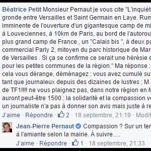 Jean-Pierre Penaut répond à un commentaire sur Facebook. Septembre 2016.