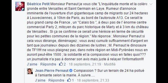 Jean-Pierre Penaut répond à un commentaire sur Facebook. Septembre 2016.