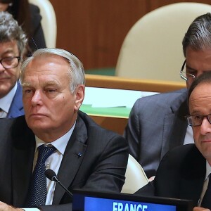 Jean-Louis Borloo, Jean-Marc Ayrault et François Hollande - La délégation française aux Nations Unis assiste aux discours de l'assemblée générale à New York le 20 septembre 2016.