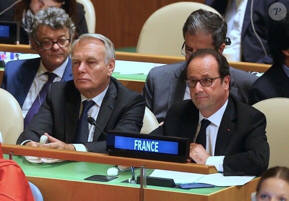 Jean-Louis Borloo, Jean-Marc Ayrault et François Hollande - La délégation française aux Nations Unis assiste aux discours de l'assemblée générale à New York le 20 septembre 2016.