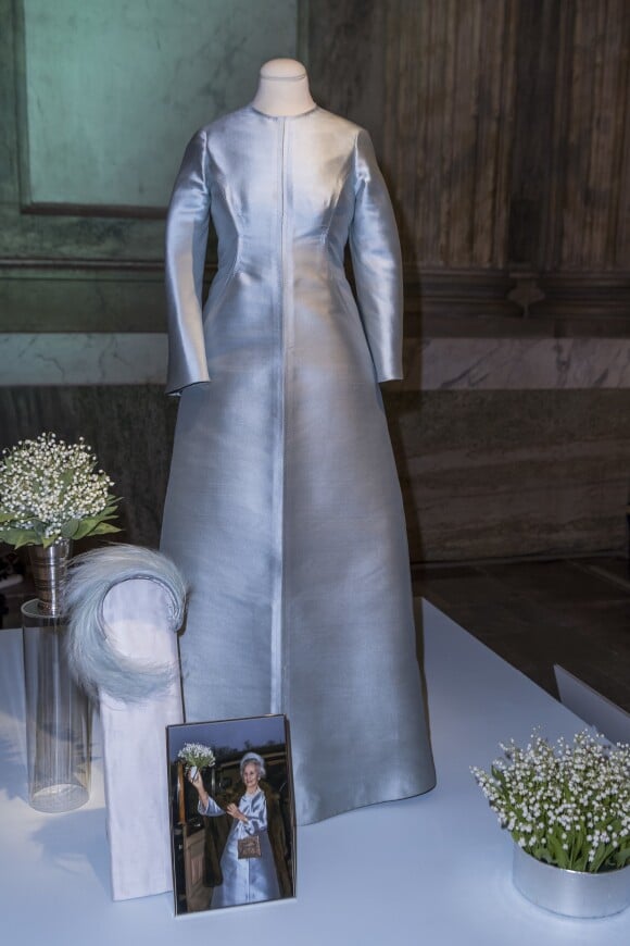 Robe de mariée de la princesse Lilian de Suède, lors de l'inauguration le 17 octobre 2016 au palais royal Drottningholm à Stockholm de l'exposition "Les robes de mariée royales, 1976-2015".