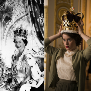 La reine Elisabeth II le jour de son couronnement, le 2 juin 1953 / Claire Foy, qui l'incarne dans la série Netflix The Crown, attendue le 4 novembre 2016.