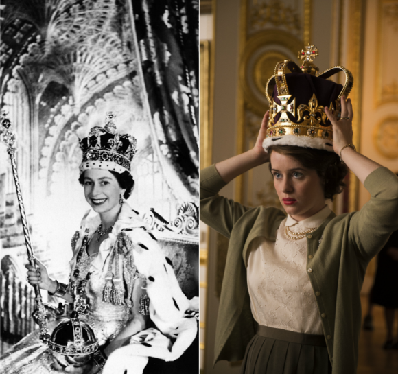 La reine Elisabeth II le jour de son couronnement, le 2 juin 1953 / Claire Foy, qui l'incarne dans la série Netflix The Crown, attendue le 4 novembre 2016.
