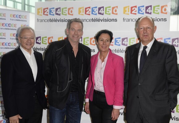 Guest, Garou, Laurence Tiennot-Herment et Rémy Pflimlin (ancien PDG de France Télévisions) - Conférence de presse pour le Téléthon à France Télévisions à Paris. Le 4 novembre 2014