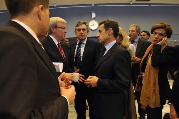 Nicolas Sarkozy rencontre le Premier Ministre britannique Gordon Brown avec Chantal Jouanno à Copenhague le 18 décembre 2009.