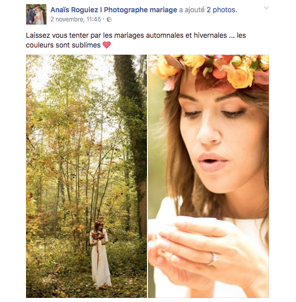Publication Facebook de la photographe de mariage Anaïs Roguiez. Shooting de mariage tendance automne avec... Tiffany de Mariés au premier regard dans le rôle du mannequin.