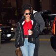 Rihanna à New York, porte un manteau shearling Vetements, une veste en velours Namilia, un jean Balmain et des chaussures Timberland. Des lunettes de soleil Le Specs (modèle Wild Child) et un sac Louis Vuitton (modèle Twisted Box par Frank Gehry) accessoirisent sa tenue. Le 7 décembre 2016.