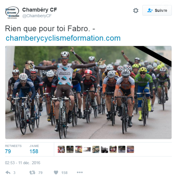 Chambéry Cyclisme Formatio rend hommage à Etienne Fabre, jeune cycliste d'AG2R, décédé le 10 décembre 2016. Photo publiée sur Twitter le 11 décembre 2016.
